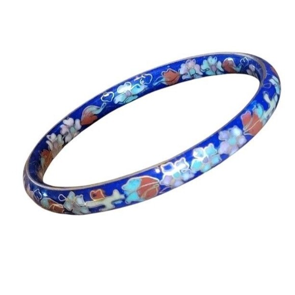 VTG Cobalt Blue Floral Flowers Gold Tone Inlay Cloisonne Enamel Bracelet Bangle - Picture 3 of 5
